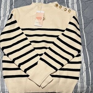 Elegant Cream and Black Striped Sweater with Gold Button Details